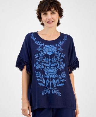 Women's Embroidered Fringe-Trim Poncho Top & High-Rise Fringe-Hem Capri Pants, Macy's Exclusive