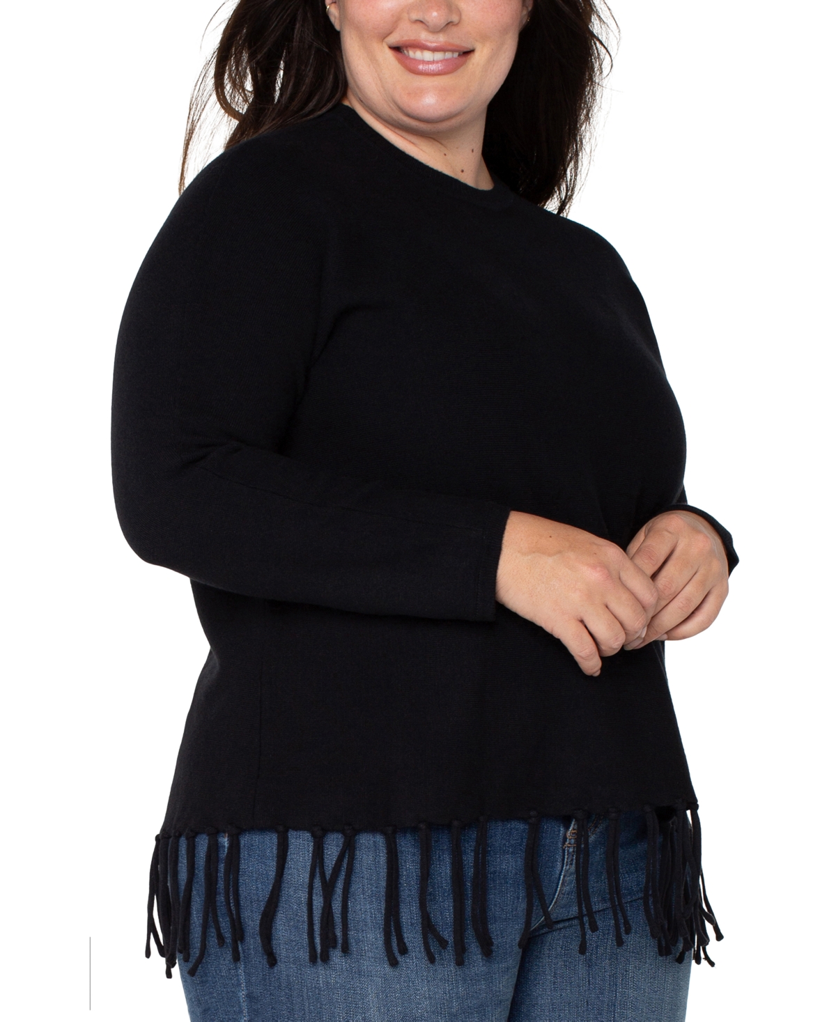 Liverpool Los Angeles Plus Size Fringe Dolman Long Sleeve Sweater In Black