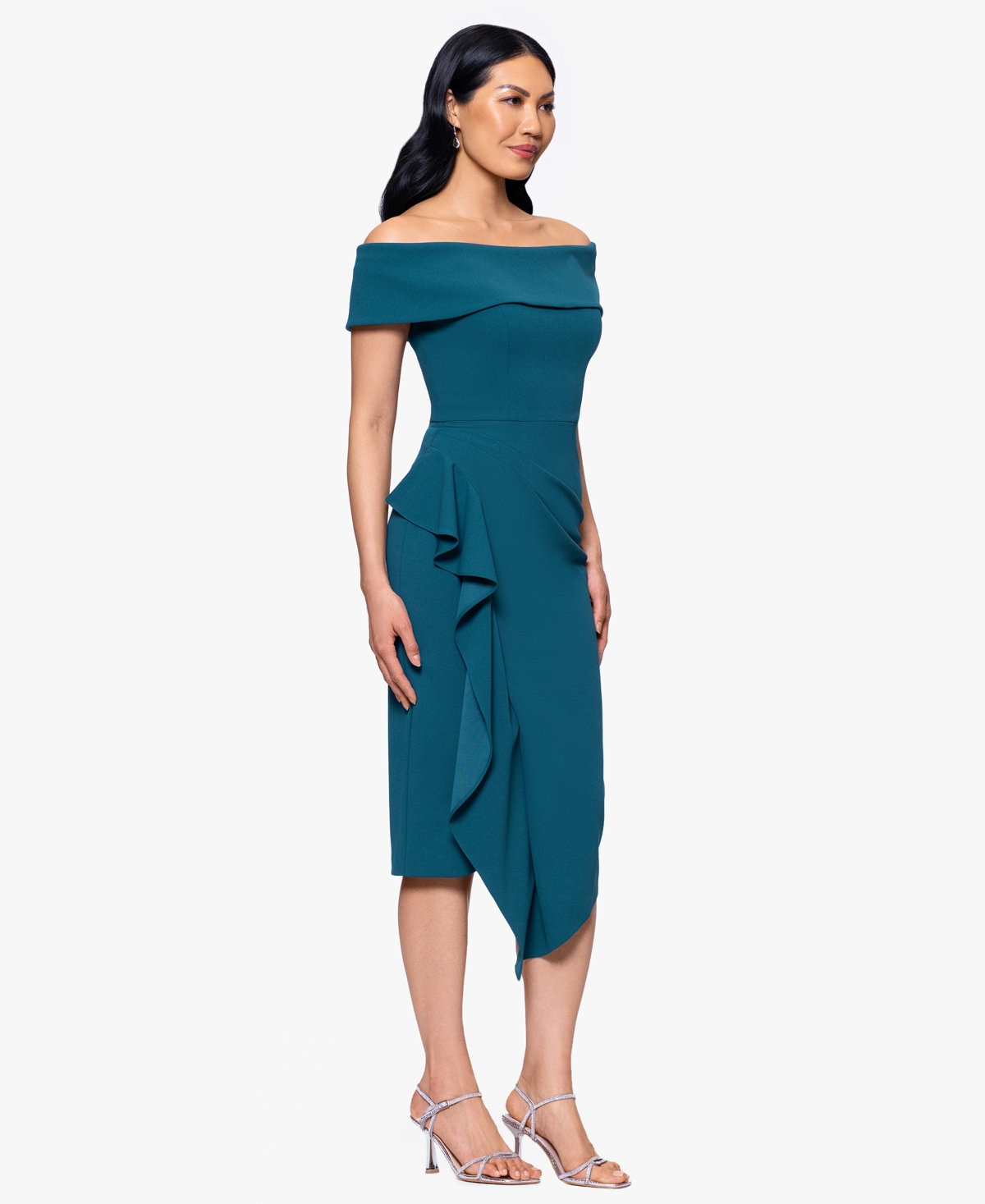 B & A By Betsy And Adam Off-the-shoulder Midi Scuba Crepe Dress In Blue