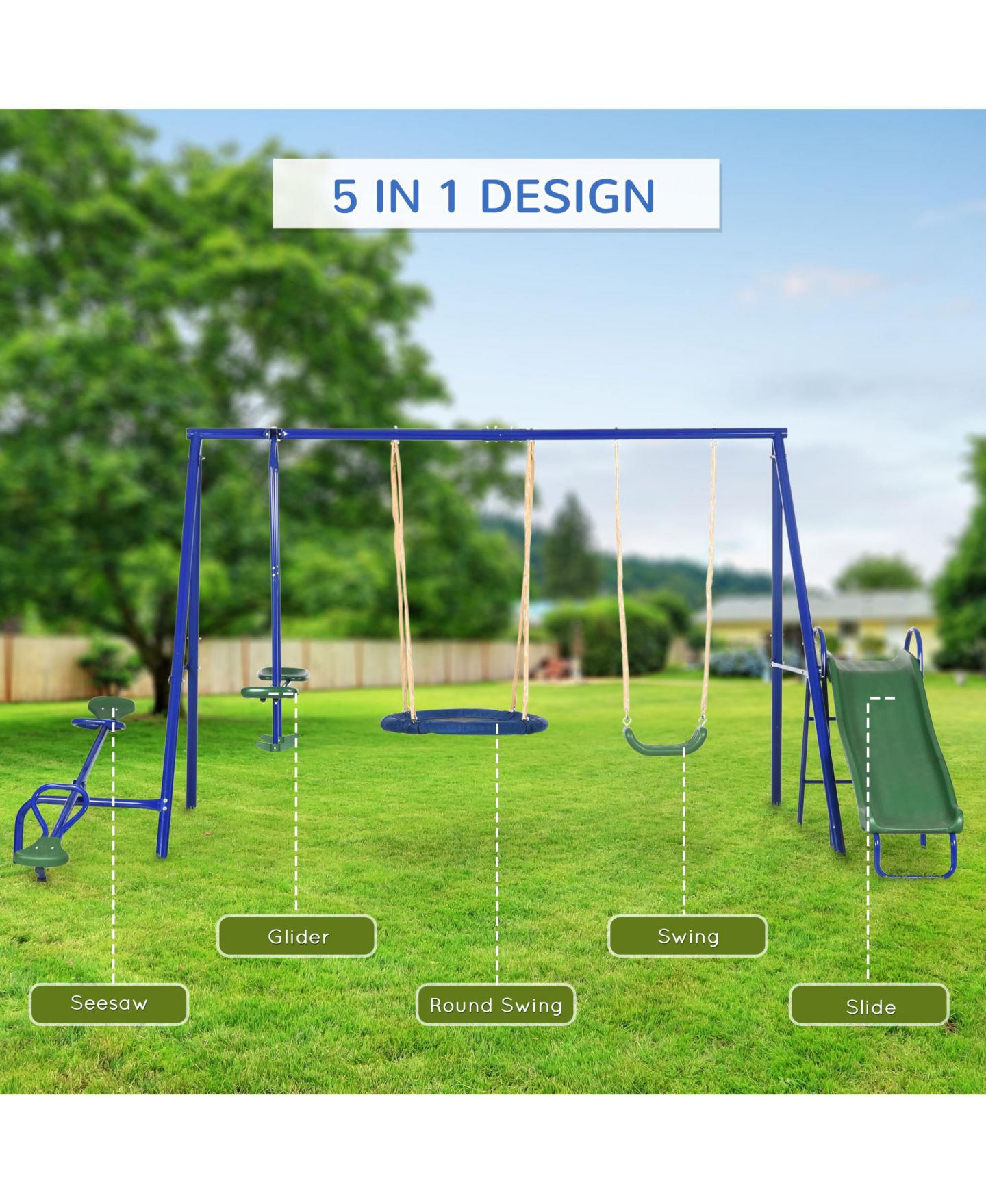 Детские игрушки Outsunny 4-in-1 Metal Swing Set with Glider, Seesaw, Saucer Swing & Slide, Holds 7, Ages 3+, цвет: Синий — фото 7
