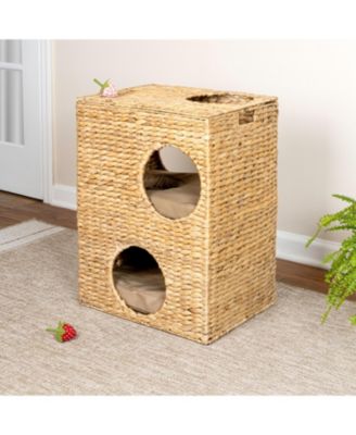 Jaxon 18" Modern Classic 2-Tier Handwoven Hyacinth Rectangular 5-Hole Pet Condo with 2 Machine-Washable Cushions
