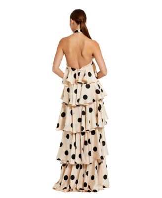 Women's Polka Dot Charmeuse Halter Tiered Ruffle Gown