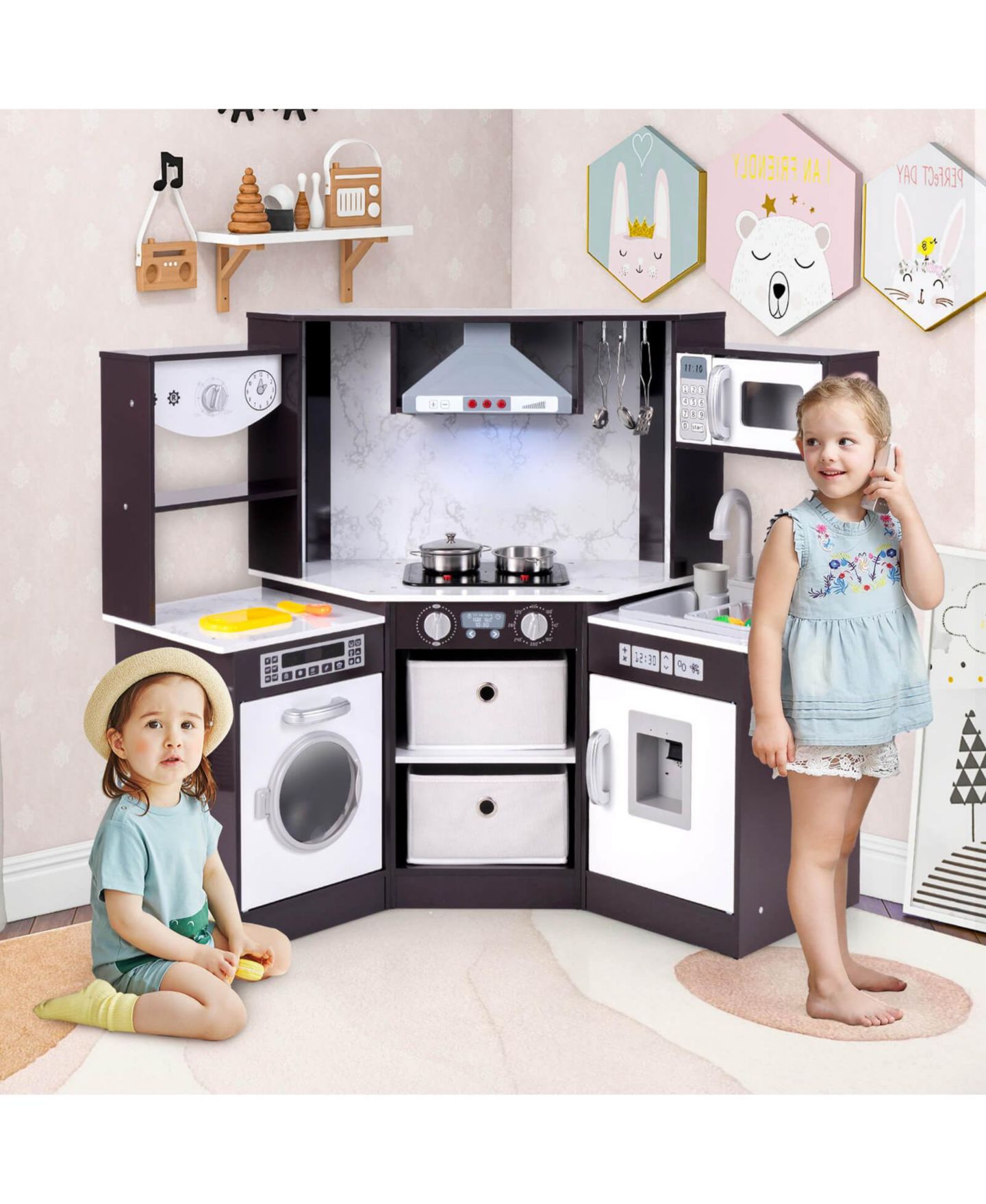 Детский игровой набор Costway Lighted Corner Kitchen Playset, Ages 3+, цвет: Коричневый — фото 3
