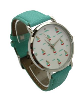 Teal Faux Leather Sailing Boats Dial Women Watch