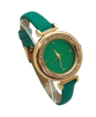 Green Thin Solid Color Strap and Rhinestones Women Watch