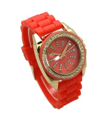 Orange Bright Silicone Band with Rhinestones Numeral Women Watch