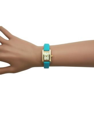 Light Blue Thin Gold Square Face Solid Faux Leather Women Watch