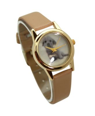 Beige Cat and Dog Face Faux Leather Band Women Watch