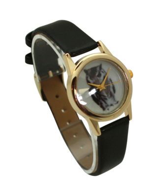 Black Owl Drawing Face Faux Leather Band Women Watch