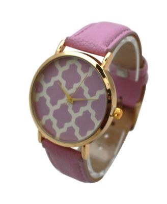 Lavender Geometric Pattern Leather Strap Watch