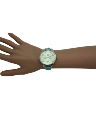 Teal Heart Print Face Leather Strap Watch