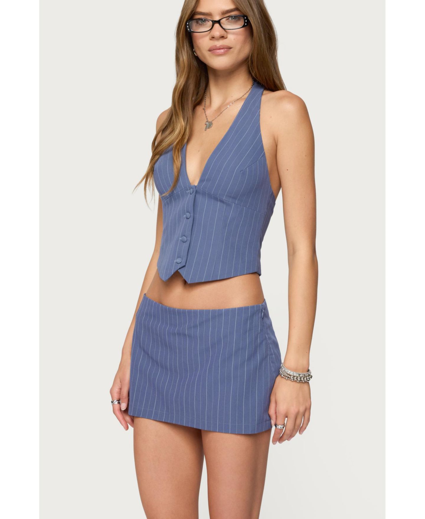Женский топ Edikted Frankey Pinstripe Button Up Halter, цвет: Синий — фото 4