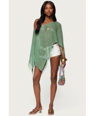 Women's Sequin Fringe Knit Poncho
