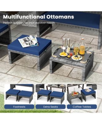 2 Pieces Patio PE Rattan Ottomans with Soft Zippered Cushions for Deck