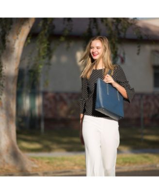 Blue Leather Shoulder Bag Elegant Big Tote Handbag for Women with Double Straps and Zip Closure