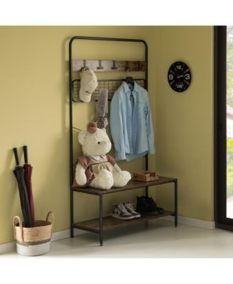 Vintage Brown Coat Rack Hall Tree with Storage for Entryway With 10 Hooks and Storage