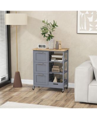 26.5" MDF, Metal 3 Drawers, Shelves, Removable Tray, Lockable Wheels Rolling Kitchen Island Cart