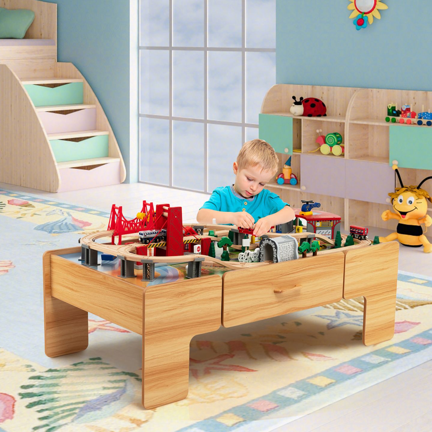 Детские игрушки Costway Magnetic Battery-Operated 100-Piece Kids' Train Set & Activity Table Playset, цвет: Натуральный — фото 3