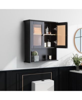 LED Bathroom Medicine Cabinet - Fully Assembled Glass Door Wall Cabinet, Over-The-Bathroom Storage (Black)