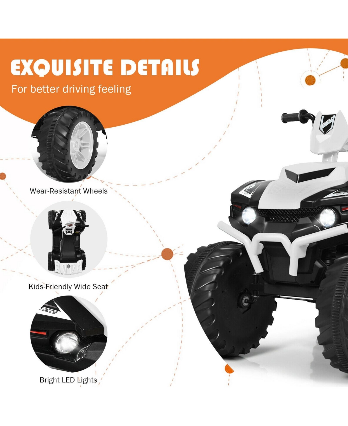 12V Kids Ride-On Atv with Led Lights and Treaded Tires - White