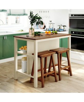 3-Piece Stationary Kitchen Island Set with Butcher Block and Seating