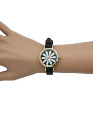 Black Large Flower Face Skinny Leather Strap Watch