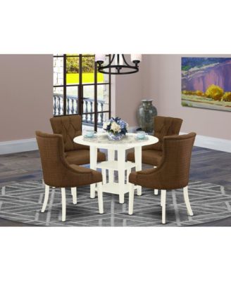 5 Pc Set Linen White Finish Round Rubber Wood Dining Table with 4 Cream Linen Fabric Parson Chairs