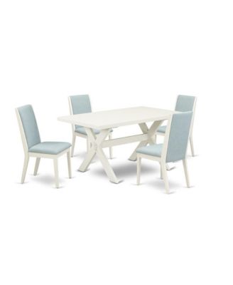 5Pc Dining Set with Wood Table & 4 Baby Blue Linen Parsons Chairs, Full Back Design, Medium Size Table for Kitchen or Dining Room