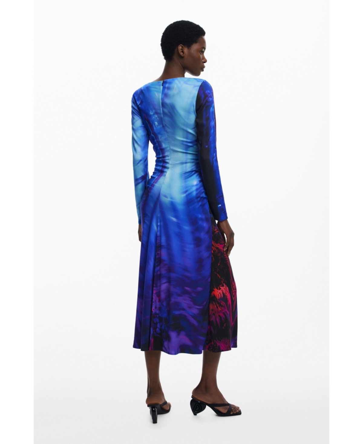 Desigual Tie Dye Pattern Long Sleeve Midi Dress In Blue
