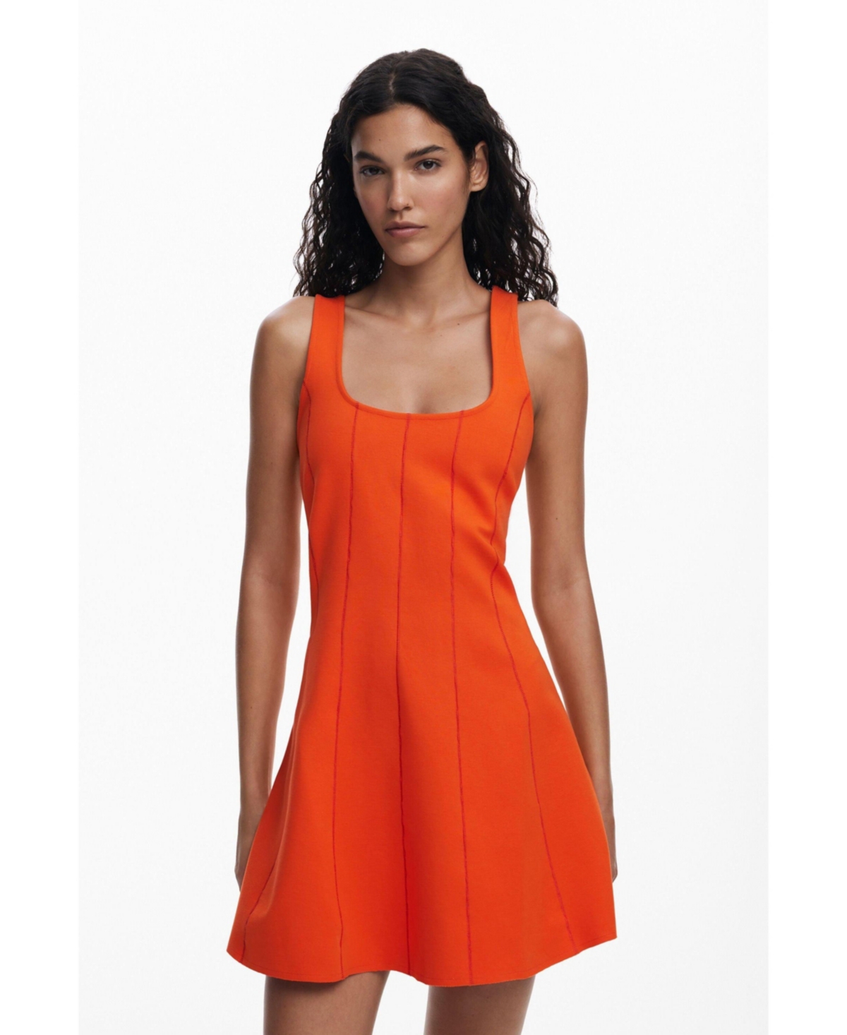Desigual Embroidered Sleeveless Stretch Cotton Minidress In Orange