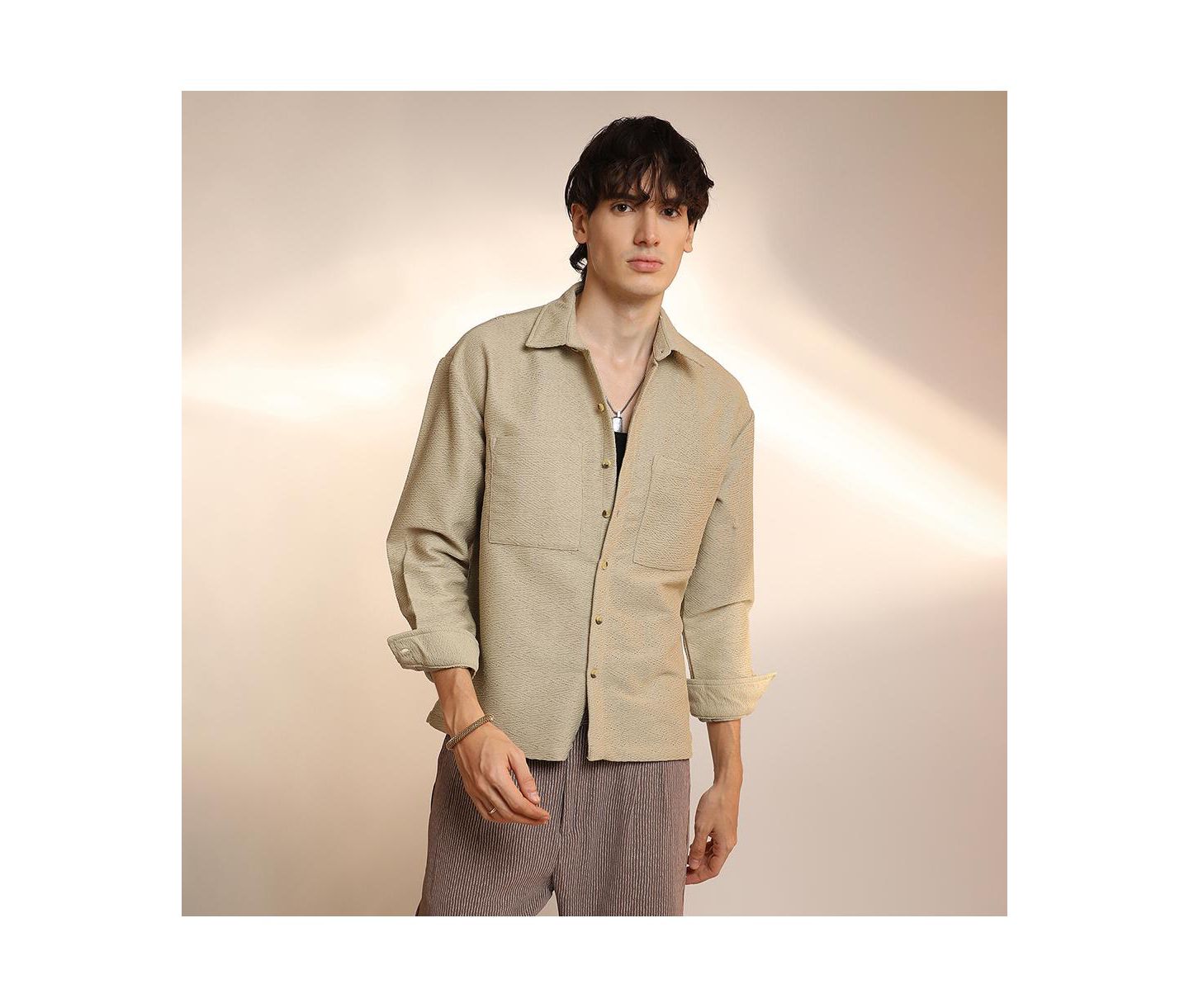 Мужская рубашка Cahoot Campus Sutra Buff Beige Chevron-Woven Utility, цвет: Бежевый — фото 4