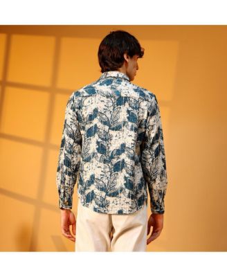 Men's Ivory White & Indigo Blue Foliage-Waffle Shirt