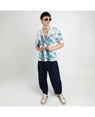 Men's Steel Blue Oversized Geometric Lined Shirt