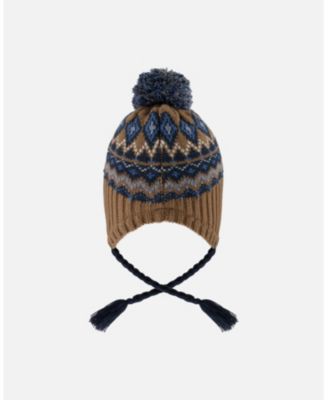 Baby Boy Lined Peruvian Knit Pompom Hat Taupe and Navy - Baby