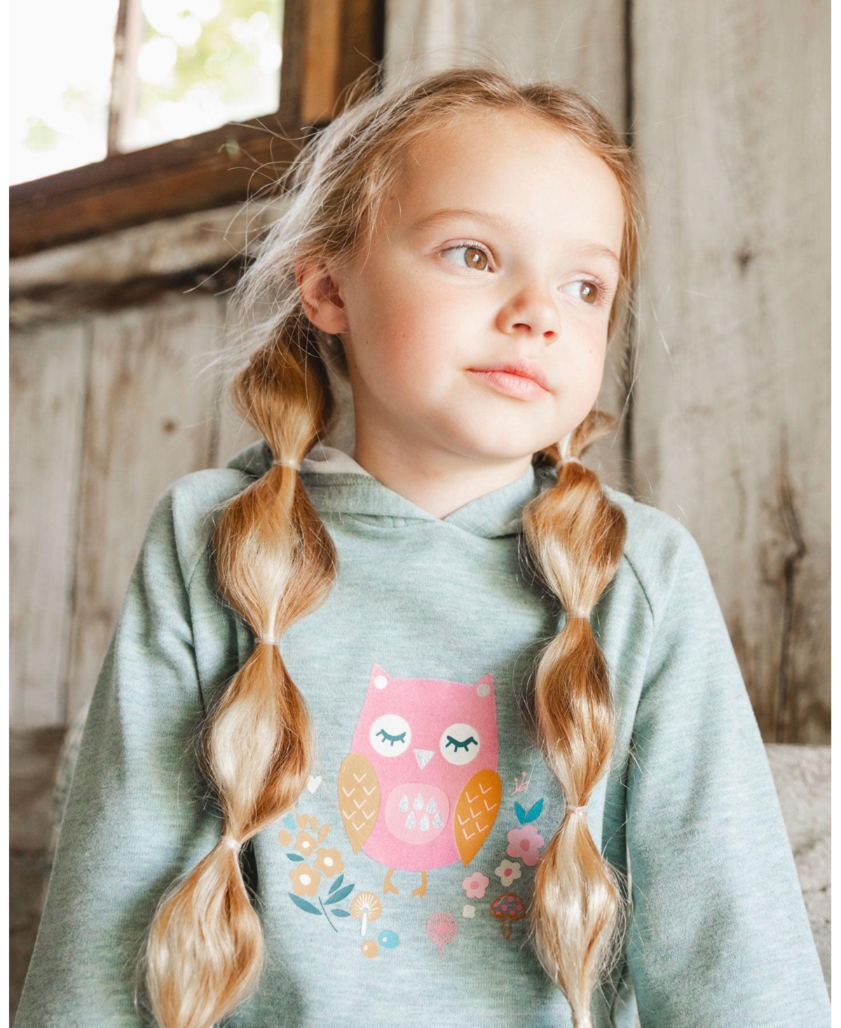 Deux par Girl Hooded Tunic Sage Green with Owl Print