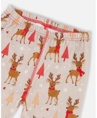 Boy Two-Piece Cotton Pajama Set Beige Reindeer Print - Child