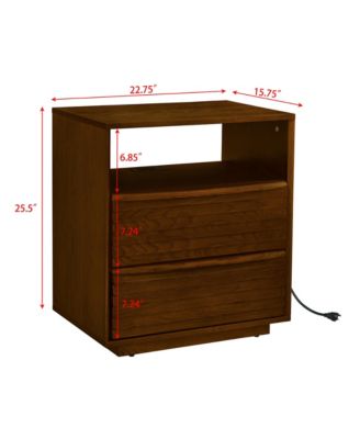 Nightstand with Charging Station & Outlet Hole & 2 Solid Wood Drawers