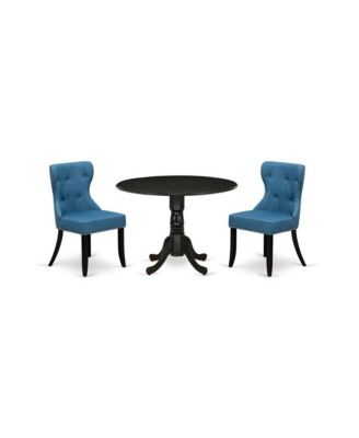 3 Pc Set Wire Brushed Black Midcentury Dining Table with 2 Mineral Blue Linen Fabric Button Tufted Parson Chairs