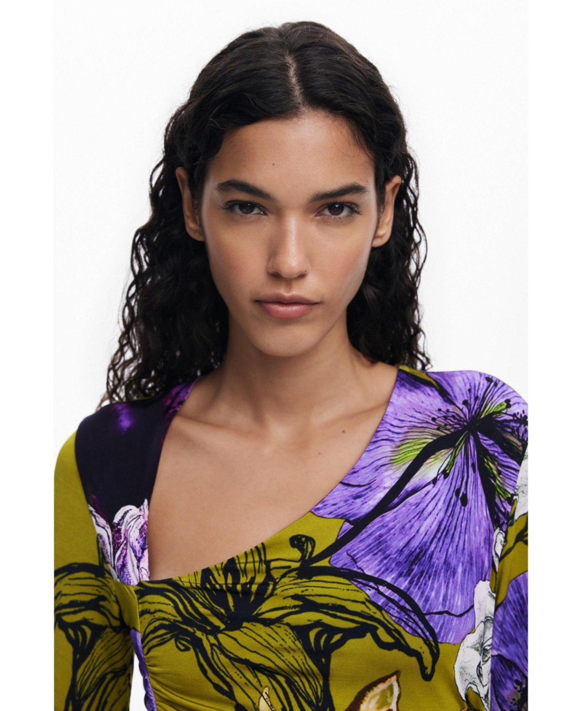 Desigual Floral Print Long Sleeve Midi Dress In Green