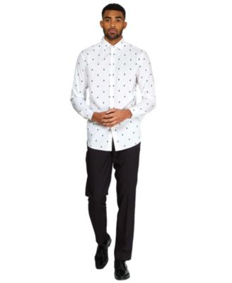 Men's Christmas Shirt - Festive Pine Tree Icons Button Up Dress Shirt - Slim Fit - White - Long sleeve