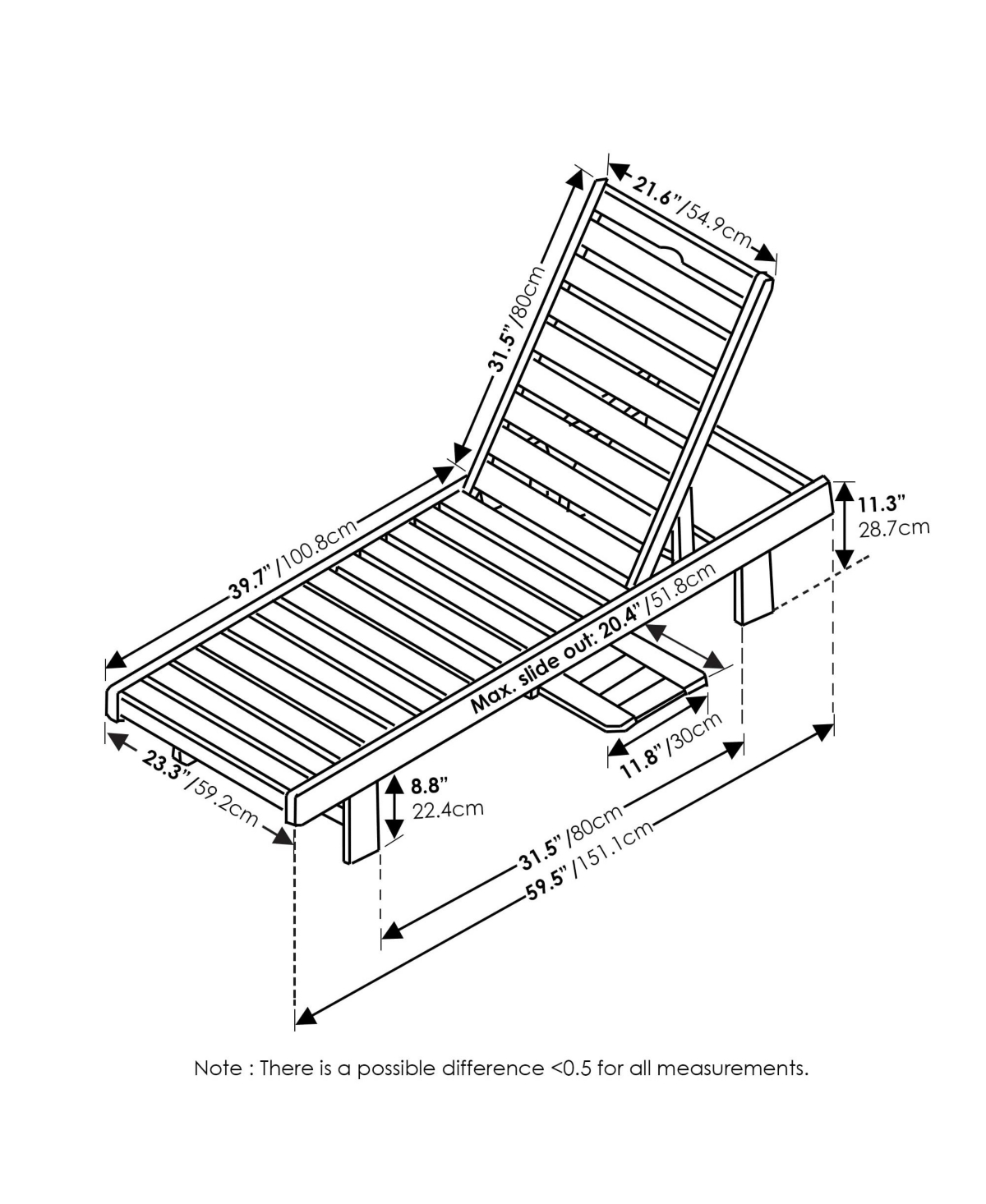 Homlux Outdoor Wood Sun Lounger with Adjustable Backrest and Tray, Natural Finish