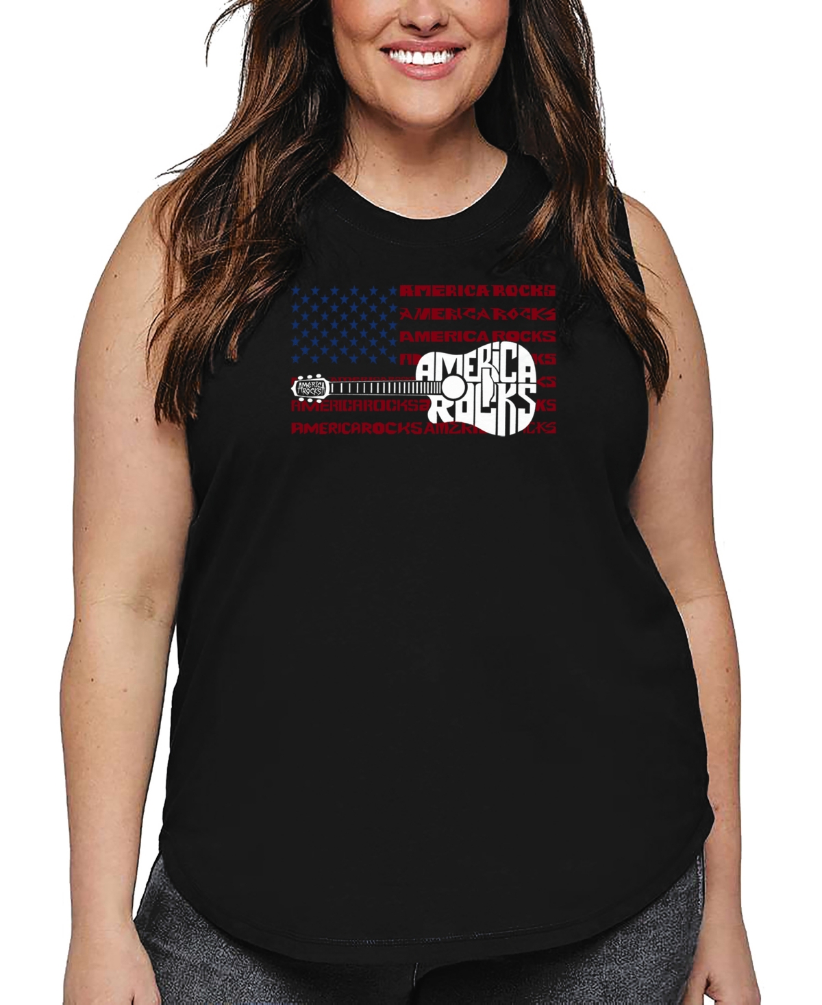 La Pop Art Plus Size America Rocks Word Art Tank Top In Black