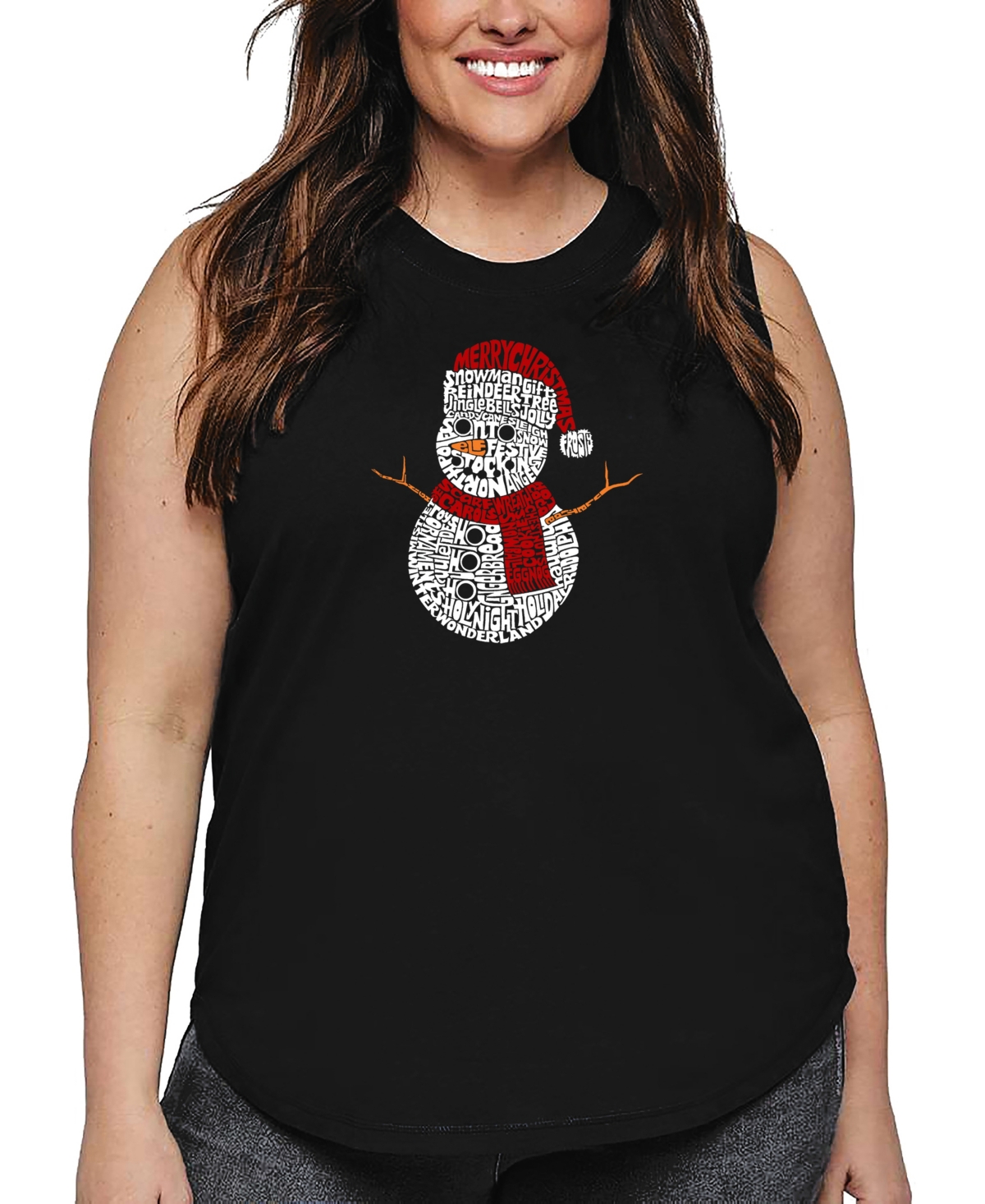 La Pop Art Plus Size Christmas Snowman Word Art Tank Top In Black