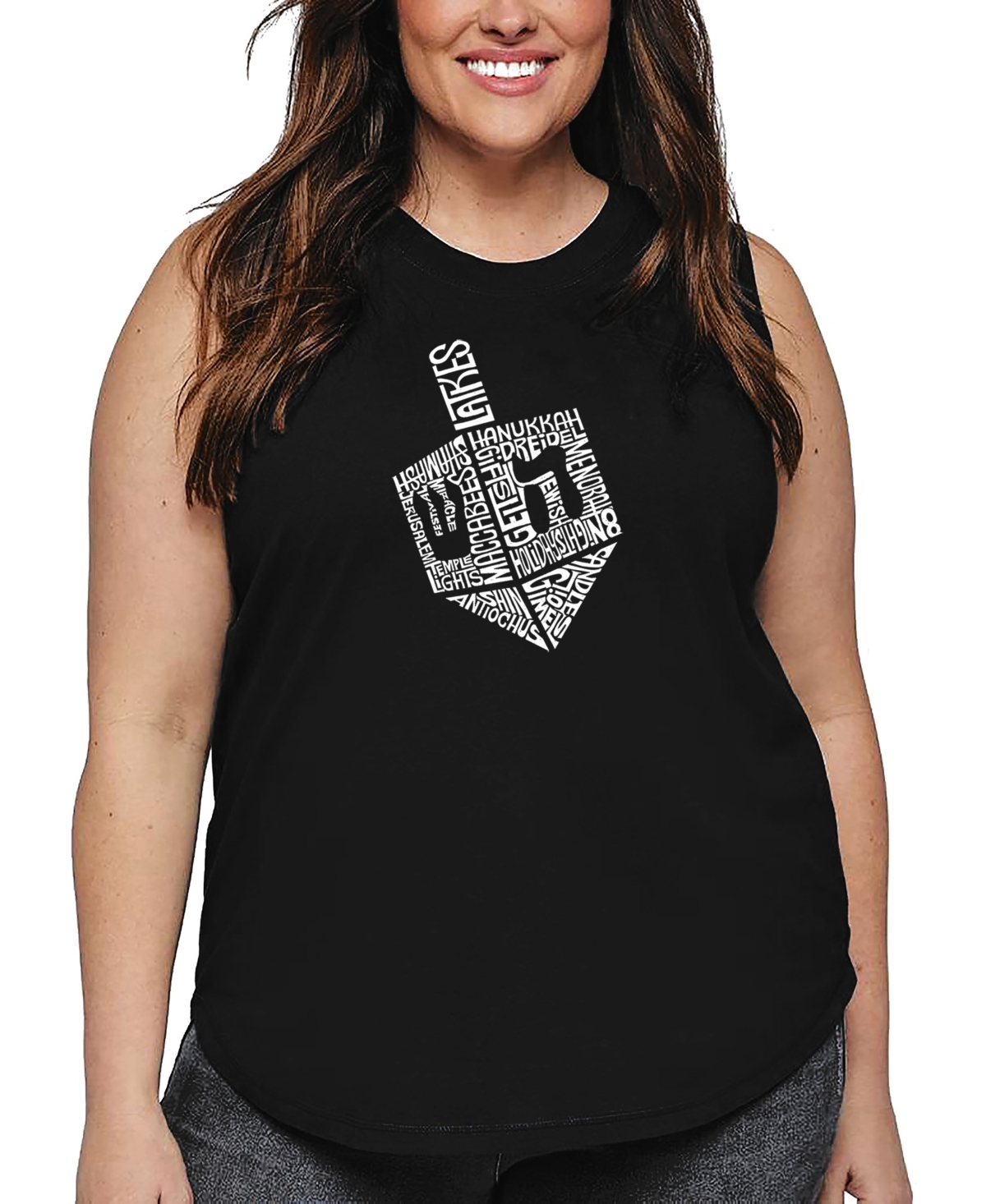 La Pop Art Plus Size Hanukkah Dreidel Word Art Tank Top In Black
