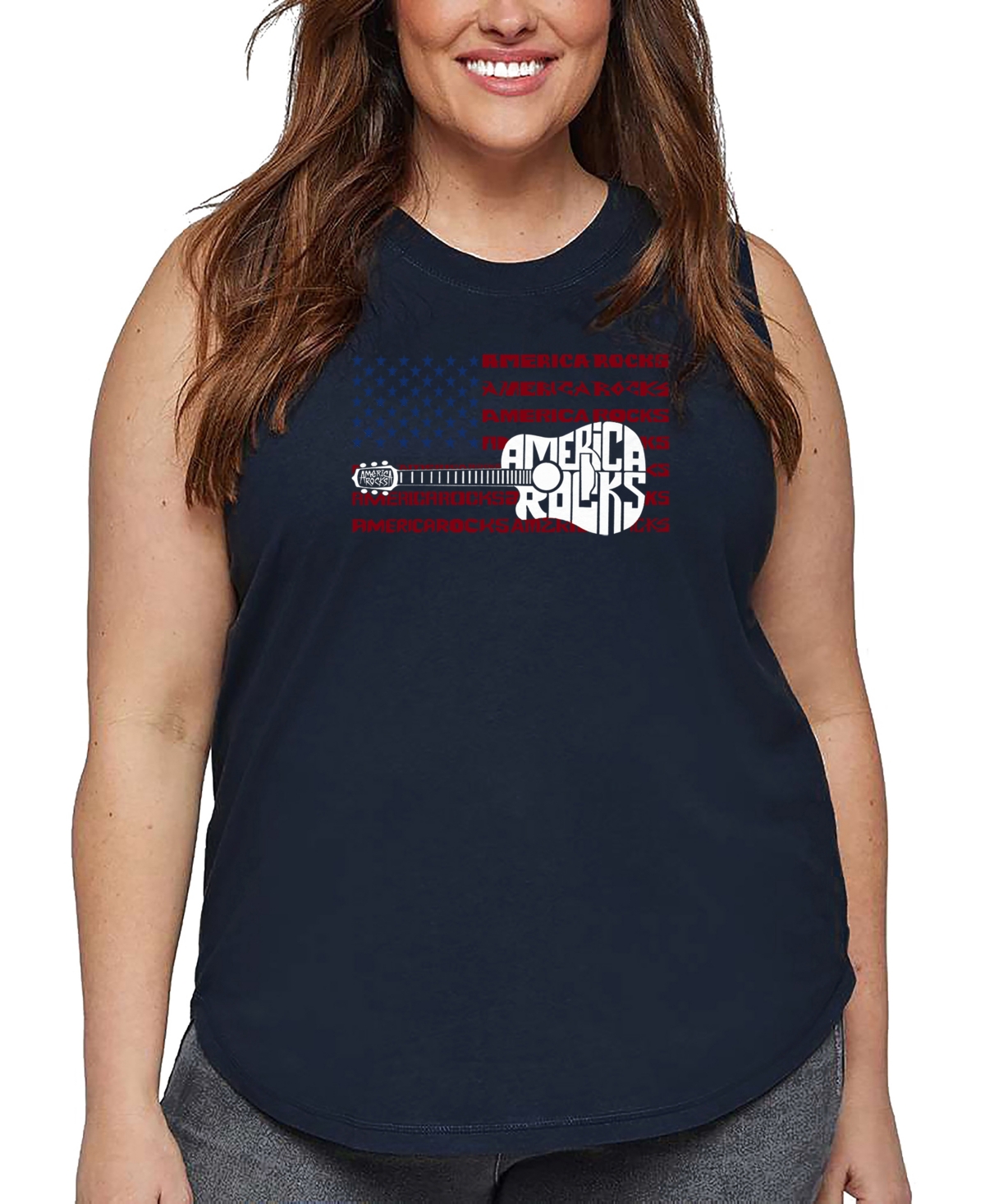 La Pop Art Plus Size America Rocks Word Art Tank Top In Blue