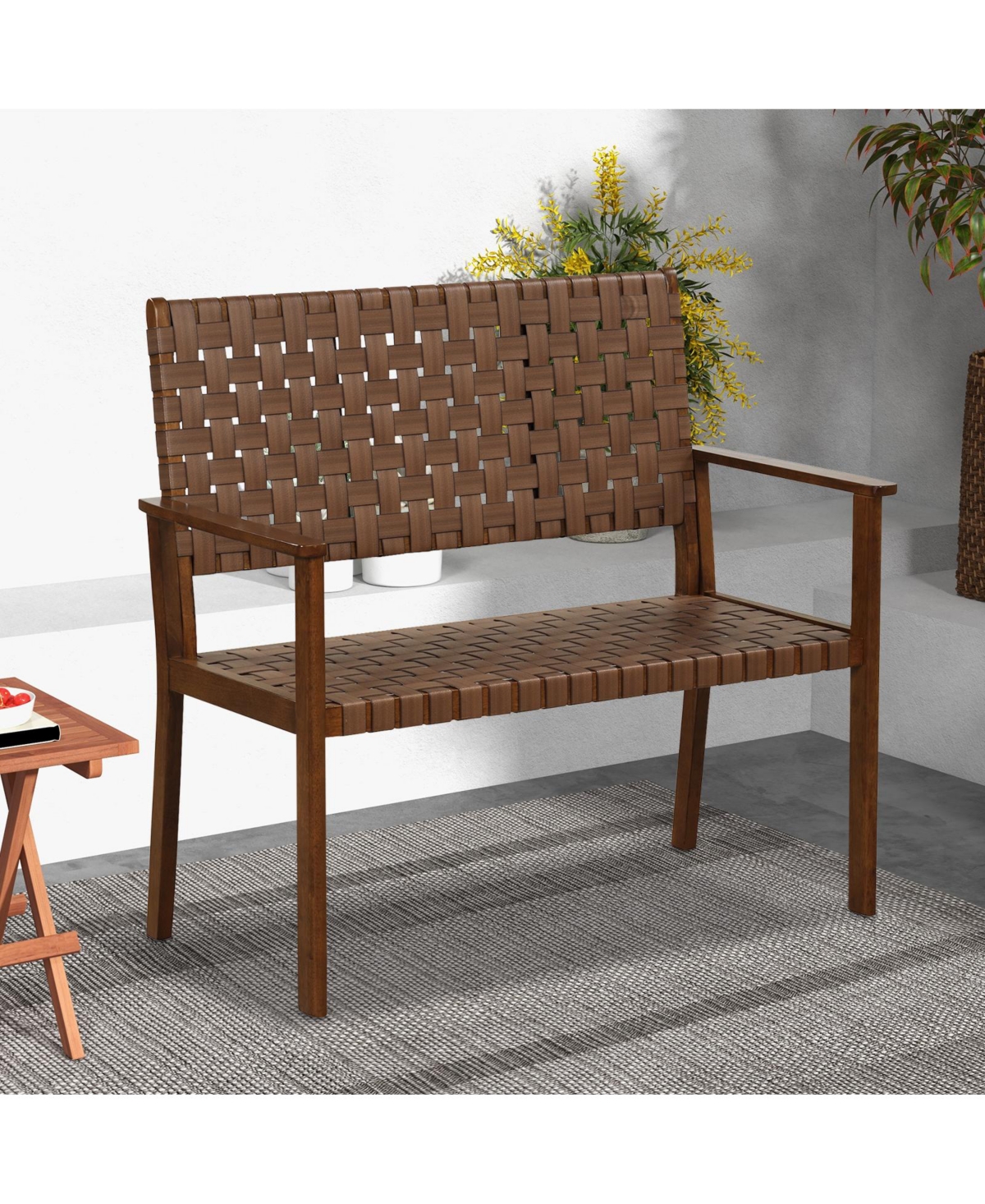 Gymax Patio Loveseat Bench w/ Solid Rubber Wood Frame & Hand Woven Pu Leather All Weather