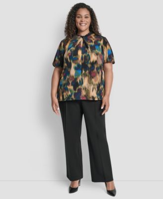 Plus Size Keyhole Twist Neck Balloon Sleeve Top