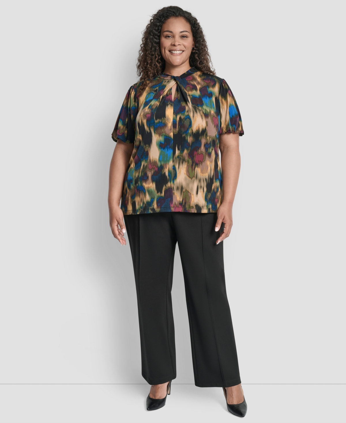 Dkny Plus Size Loop Neck Balloon Sleeve Top In Blue