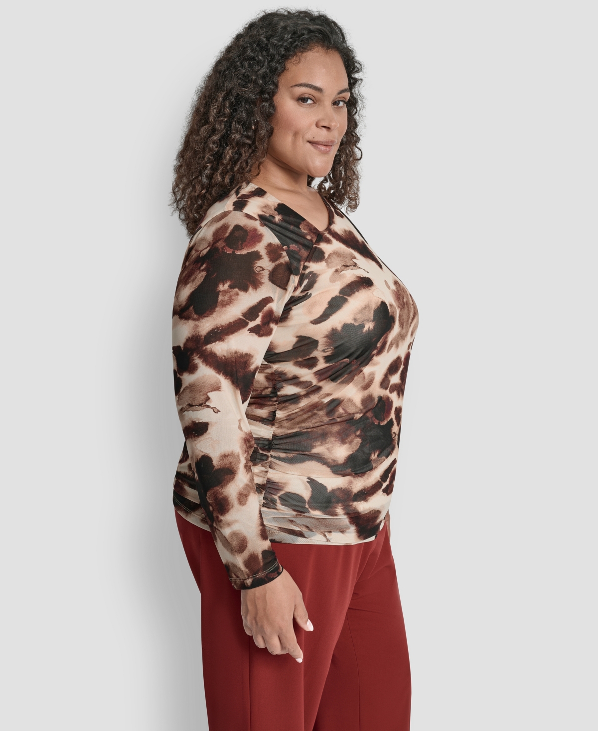 Dkny Plus Size Asymmetrical Neck Side Ruched Long Sleeve Top In Brown