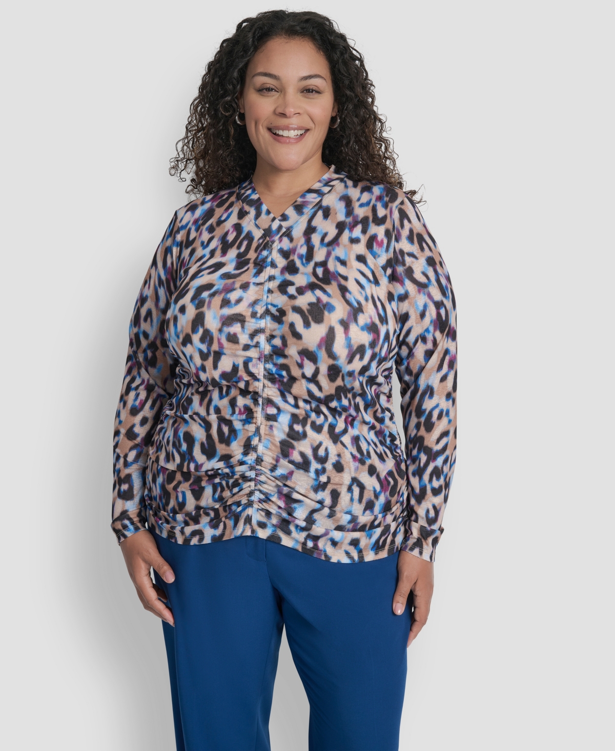 Dkny Plus Size Long Sleeve Tissue Mesh Top In Multi